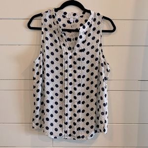 Navy Blue and White Polka Dot Sleeveless Blouse - Medium